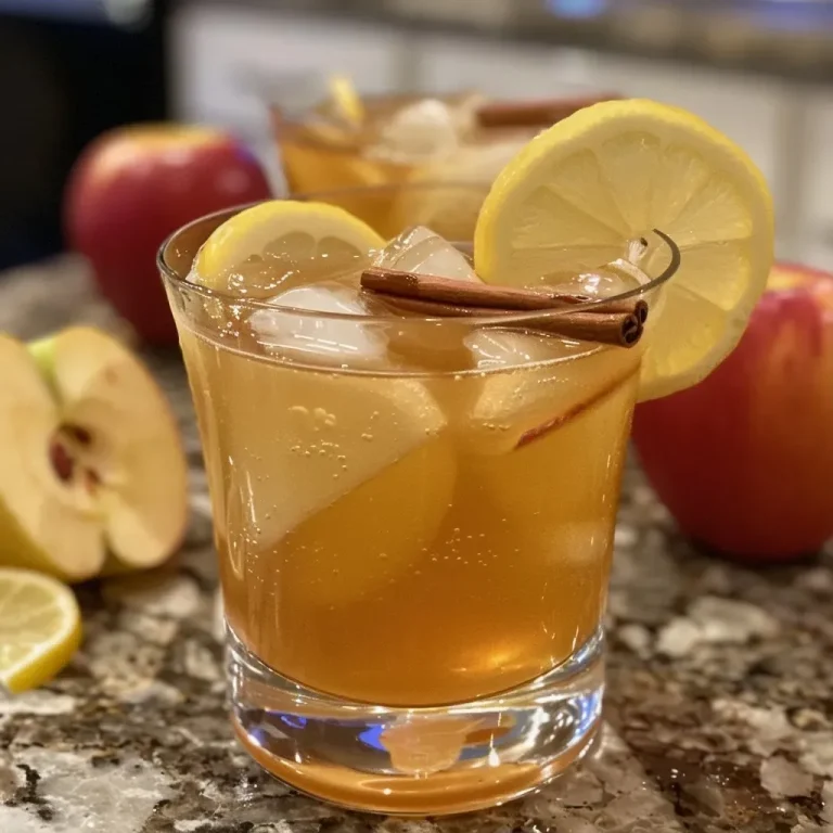 ['A close-up view of a Maple Bourbon Cider Punch Cocktail with ice, garnished with lemon and apple slices, served in a glass.', 'A refreshing Maple Bourbon Cider Punch Cocktail featuring ice cubes, lemon slices, and apple slices, captured from the side.', 'Side view of a Maple Bourbon Cider Punch Cocktail in a clear glass, showing ice and garnishes like cinnamon sticks and fruit slices.', 'Close-up of a delicious Maple Bourbon Cider Punch Cocktail served with lemon and apple garnishes, showcasing its vibrant colors.']