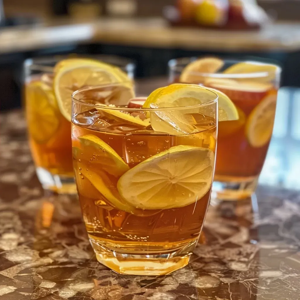 ['A close-up view of a Maple Bourbon Cider Punch Cocktail with ice, garnished with lemon and apple slices, served in a glass.', 'A refreshing Maple Bourbon Cider Punch Cocktail featuring ice cubes, lemon slices, and apple slices, captured from the side.', 'Side view of a Maple Bourbon Cider Punch Cocktail in a clear glass, showing ice and garnishes like cinnamon sticks and fruit slices.', 'Close-up of a delicious Maple Bourbon Cider Punch Cocktail served with lemon and apple garnishes, showcasing its vibrant colors.']
