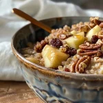 ['Close-up of a bowl filled with Maple Farro Nutty Grain topped with nuts and cranberries.', 'Side view of Maple Farro Nutty Grain highlighting its rich texture and colorful ingredients.', 'Juicy maple-flavored farro dish garnished with toasted pecans, dried fruits, and diced apple.', 'Detailed shot of a nutritious Maple Farro Nutty Grain meal featuring grains and toppings.']