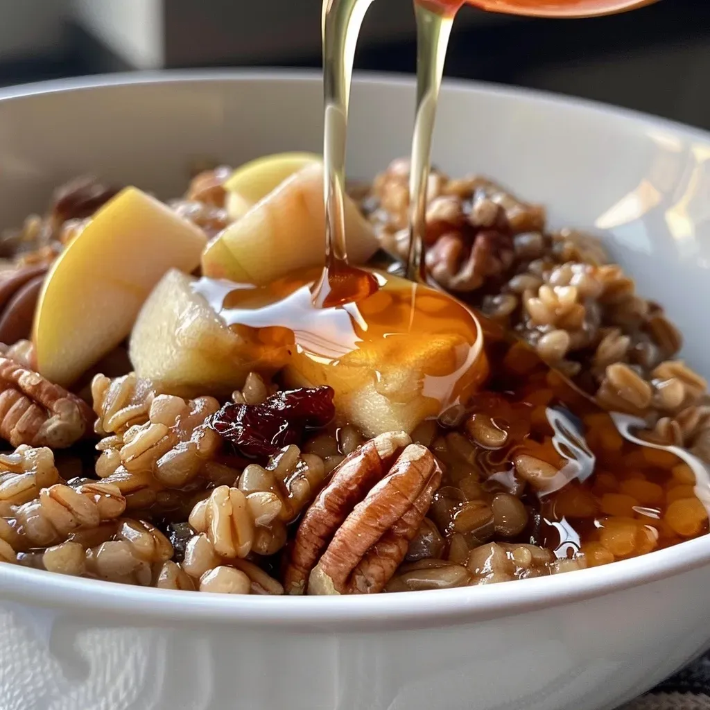 ['Close-up of a bowl filled with Maple Farro Nutty Grain topped with nuts and cranberries.', 'Side view of Maple Farro Nutty Grain highlighting its rich texture and colorful ingredients.', 'Juicy maple-flavored farro dish garnished with toasted pecans, dried fruits, and diced apple.', 'Detailed shot of a nutritious Maple Farro Nutty Grain meal featuring grains and toppings.']