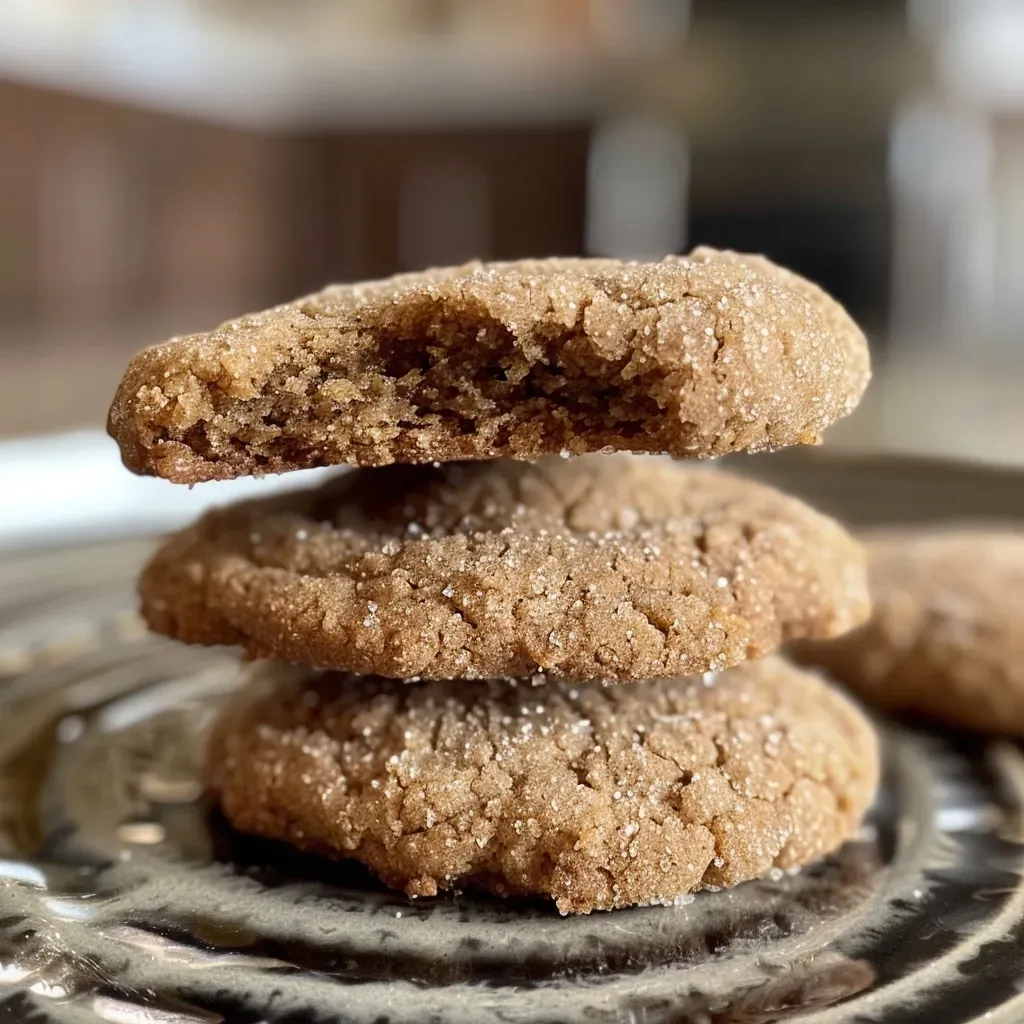 ['Close-up view of freshly baked Maple Ginger Cookies with a golden-brown surface.', 'Side view of Maple Ginger Cookies displaying their chewy texture and sugared tops.', 'Detailed shot of Maple Ginger Cookies showcasing their rich brown color and sprinkled sugar.', 'Juicy, vibrant Maple Ginger Cookies arranged on a simple plate, highlighting their inviting appearance.']