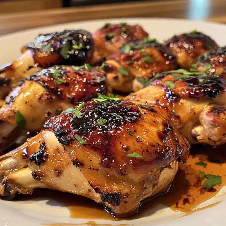 ['Close-up view of glazed chicken thighs with a shiny maple syrup coating.', 'Succulent chicken thighs topped with a rich, amber maple glaze, showcasing their juicy texture.', 'Side view of mouthwatering maple glazed chicken thighs with visible herbs and glaze dripping.', 'Deliciously glazed chicken thighs garnished with fresh thyme, highlighting their crispy skin.']