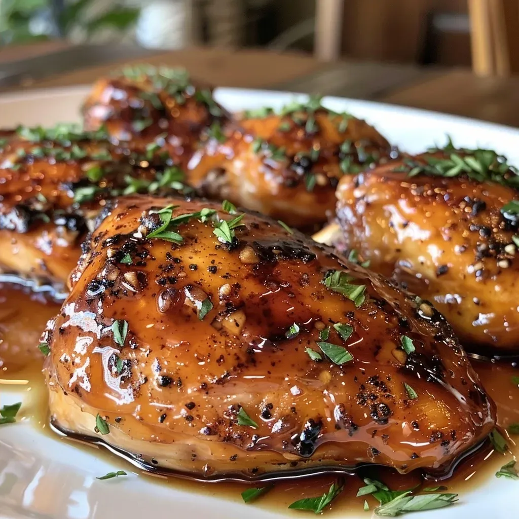 ['Close-up view of glazed chicken thighs with a shiny maple syrup coating.', 'Succulent chicken thighs topped with a rich, amber maple glaze, showcasing their juicy texture.', 'Side view of mouthwatering maple glazed chicken thighs with visible herbs and glaze dripping.', 'Deliciously glazed chicken thighs garnished with fresh thyme, highlighting their crispy skin.']