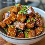 ['Close-up view of golden maple glazed tofu cubes garnished with green onions and sesame seeds.', 'Juicy pieces of maple glazed tofu arranged on a plate, showcasing their shiny, caramelized surface.', 'Side view of cooked tofu cubes glistening with maple glaze, sprinkled with sesame seeds and green onions.', 'Appetizing maple glazed tofu cubes piled together, highlighting their texture and garnishes.']