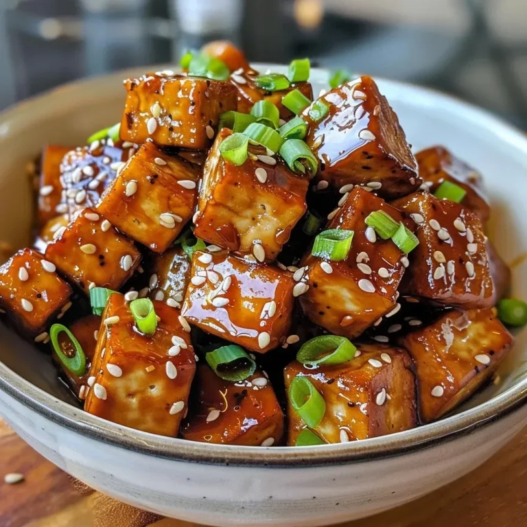 ['Close-up view of golden maple glazed tofu cubes garnished with green onions and sesame seeds.', 'Juicy pieces of maple glazed tofu arranged on a plate, showcasing their shiny, caramelized surface.', 'Side view of cooked tofu cubes glistening with maple glaze, sprinkled with sesame seeds and green onions.', 'Appetizing maple glazed tofu cubes piled together, highlighting their texture and garnishes.']