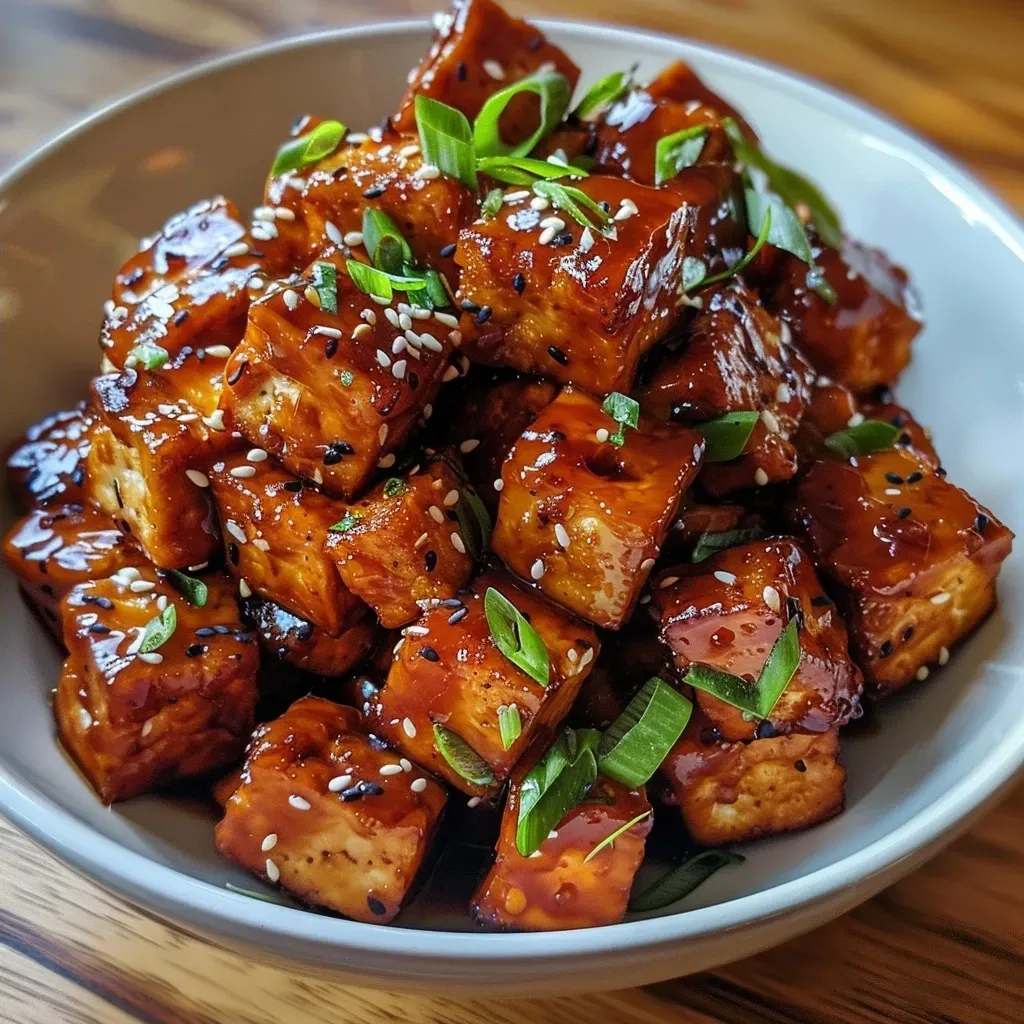 ['Close-up view of golden maple glazed tofu cubes garnished with green onions and sesame seeds.', 'Juicy pieces of maple glazed tofu arranged on a plate, showcasing their shiny, caramelized surface.', 'Side view of cooked tofu cubes glistening with maple glaze, sprinkled with sesame seeds and green onions.', 'Appetizing maple glazed tofu cubes piled together, highlighting their texture and garnishes.']