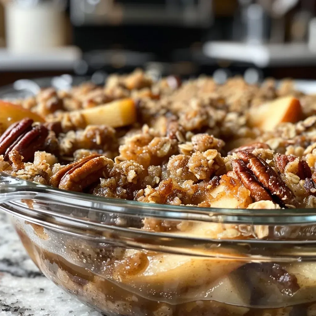 ['A close-up side view of a Maple Pecan Apple Crisp with a golden-brown oatmeal cookie crumble topping.', 'A detailed view of Maple Pecan Apple Crisp showcasing the layers of apples and pecans under a crumbly topping.', 'An inviting side view of Maple Pecan Apple Crisp, highlighting the crispy oatmeal topping and juicy apple filling.', 'A close-up image of Maple Pecan Apple Crisp, emphasizing the texture of the oatmeal crumble and the apple layers.']