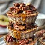 ['Close-up of individual Maple Pecan Apple Pie Cups with a golden-brown crust.', 'Side view of Maple Pecan Apple Pie Cups, showcasing the apple and pecan filling.', 'Delicious Maple Pecan Apple Pie Cups displayed in a rustic setting.', 'Textured crust and filling of Maple Pecan Apple Pie Cups highlighted in the image.']