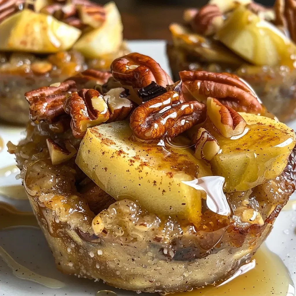 ['Close-up of individual Maple Pecan Apple Pie Cups with a golden-brown crust.', 'Side view of Maple Pecan Apple Pie Cups, showcasing the apple and pecan filling.', 'Delicious Maple Pecan Apple Pie Cups displayed in a rustic setting.', 'Textured crust and filling of Maple Pecan Apple Pie Cups highlighted in the image.']