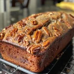 ['Close-up view of moist Maple Pecan Banana Bread with a crusty top and visible pecan pieces.', 'Side view of a sliced Maple Pecan Banana Bread showcasing its fluffy texture and rich color.', 'Detailed shot of Maple Pecan Banana Bread with a golden-brown exterior and chunks of banana and pecans.', 'Side perspective of homemade Maple Pecan Banana Bread highlighting its inviting appearance and delicious ingredients.']