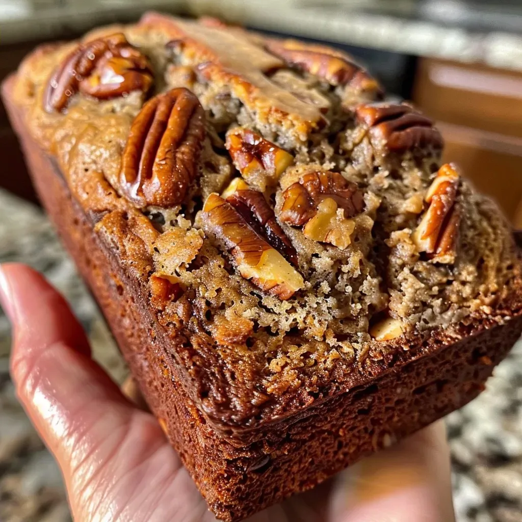 ['Close-up view of moist Maple Pecan Banana Bread with a crusty top and visible pecan pieces.', 'Side view of a sliced Maple Pecan Banana Bread showcasing its fluffy texture and rich color.', 'Detailed shot of Maple Pecan Banana Bread with a golden-brown exterior and chunks of banana and pecans.', 'Side perspective of homemade Maple Pecan Banana Bread highlighting its inviting appearance and delicious ingredients.']