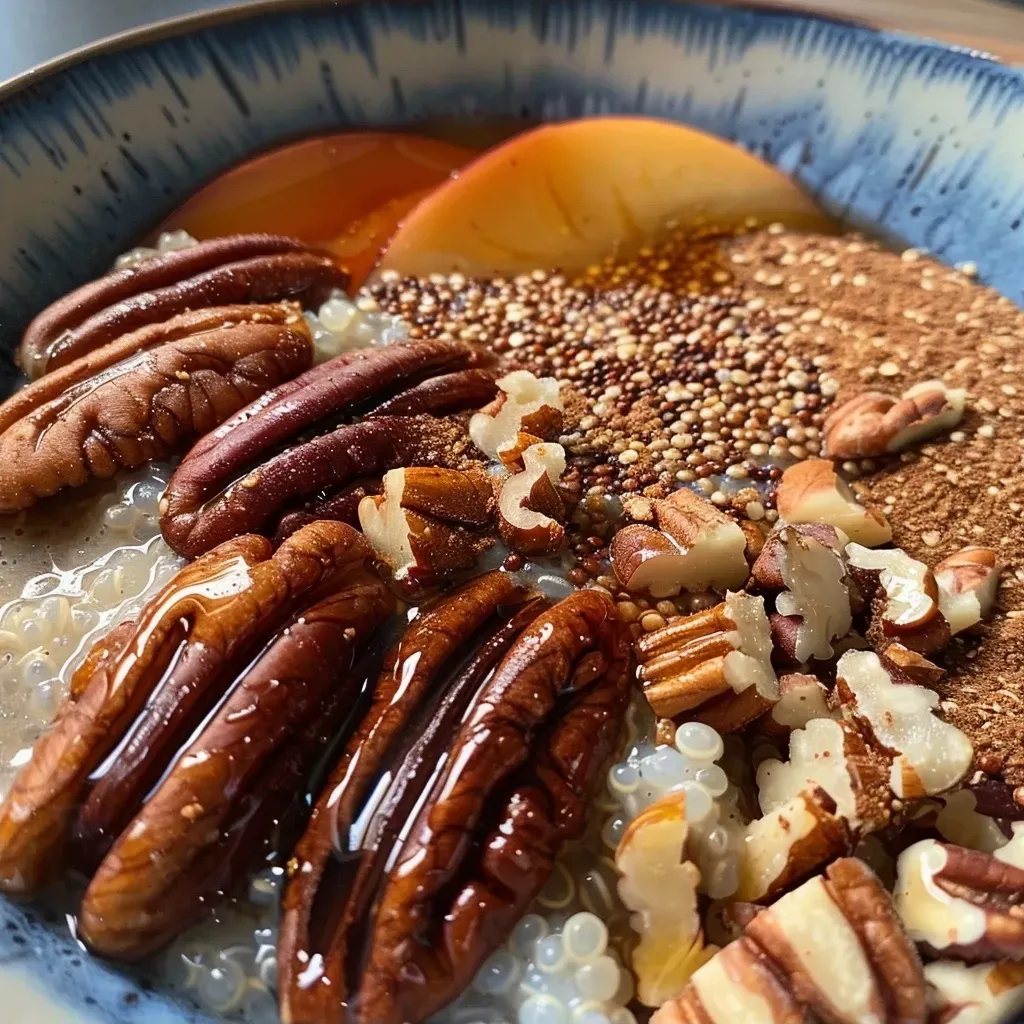 ['Close-up of a colorful Maple Pecan Quinoa Breakfast Bowl with toppings.', 'Side view of a hearty bowl filled with quinoa, oats, and pecans drizzled with maple syrup.', 'A delicious breakfast bowl showcasing quinoa, coconut flour, and toasted pecans.', 'Appetizing Maple Pecan Quinoa Breakfast Bowl featuring a mix of grains and nuts.']