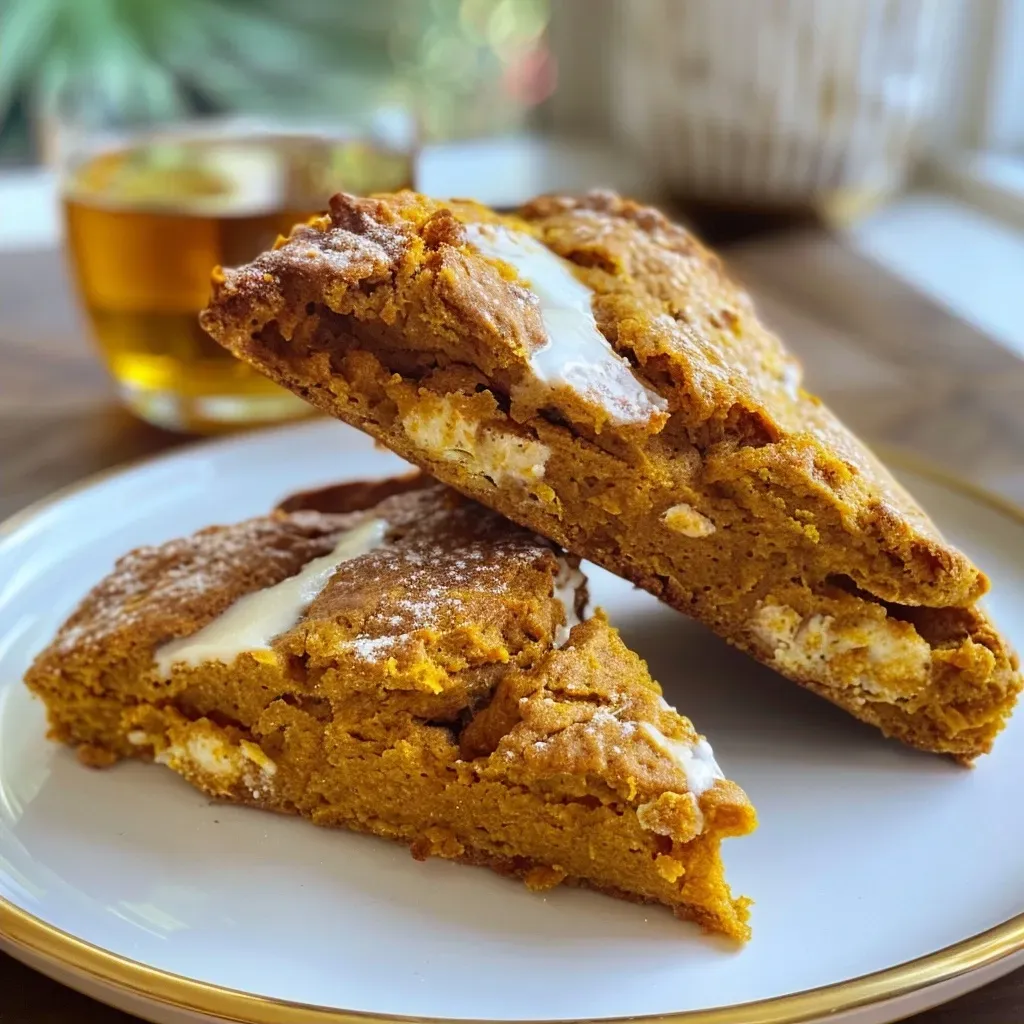 ['Close-up view of golden-brown Maple Pumpkin Scones with a textured surface.', 'Side view of freshly baked Maple Pumpkin Scones featuring a soft, inviting interior.', 'Delicious Maple Pumpkin Scones arranged on a rustic plate, emphasizing their flaky layers.', 'Juicy Maple Pumpkin Scones with a hint of maple glaze, presented on a wooden table.']