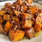 ['Close-up view of golden-brown maple roasted sweet potatoes with a glossy glaze.', 'Juicy sweet potato pieces coated in maple syrup and brown sugar, shot from the side.', 'Side angle of caramelized sweet potatoes glistening under natural light.', 'Roasted sweet potato cubes drizzled with maple syrup, showing a rich caramel color.']