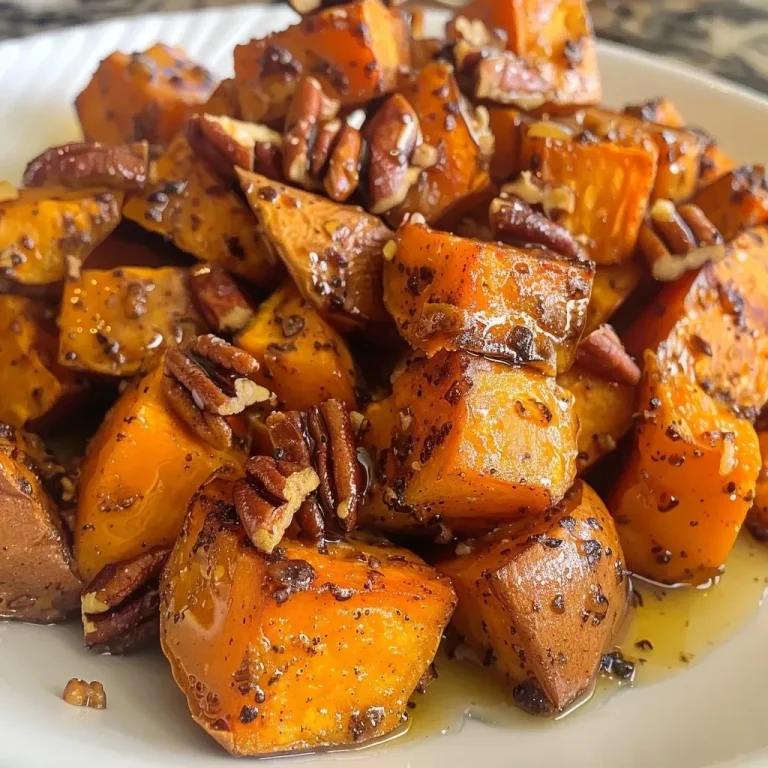 ['Close-up view of golden-brown maple roasted sweet potatoes with a glossy glaze.', 'Juicy sweet potato pieces coated in maple syrup and brown sugar, shot from the side.', 'Side angle of caramelized sweet potatoes glistening under natural light.', 'Roasted sweet potato cubes drizzled with maple syrup, showing a rich caramel color.']