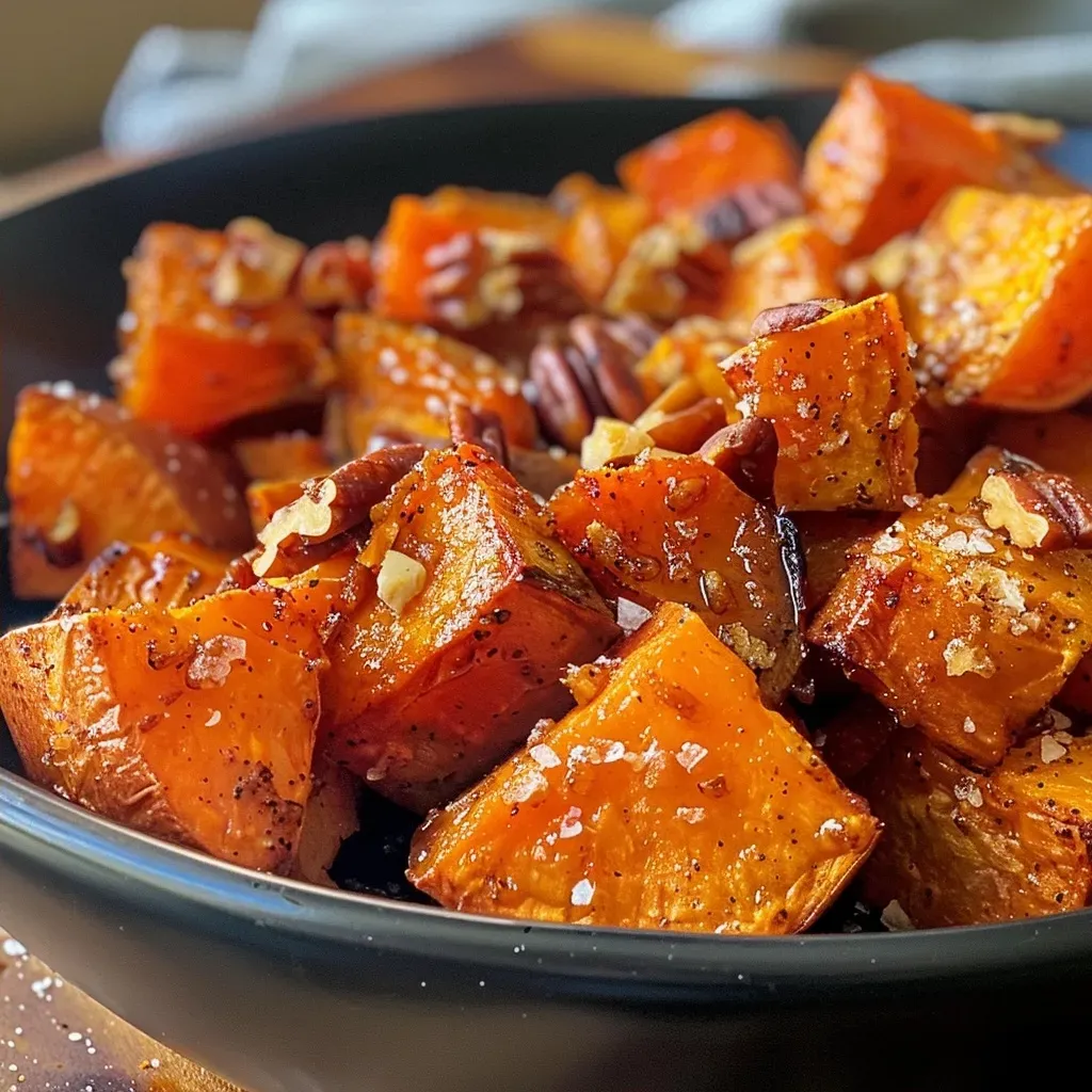 ['Close-up view of golden-brown maple roasted sweet potatoes with a glossy glaze.', 'Juicy sweet potato pieces coated in maple syrup and brown sugar, shot from the side.', 'Side angle of caramelized sweet potatoes glistening under natural light.', 'Roasted sweet potato cubes drizzled with maple syrup, showing a rich caramel color.']