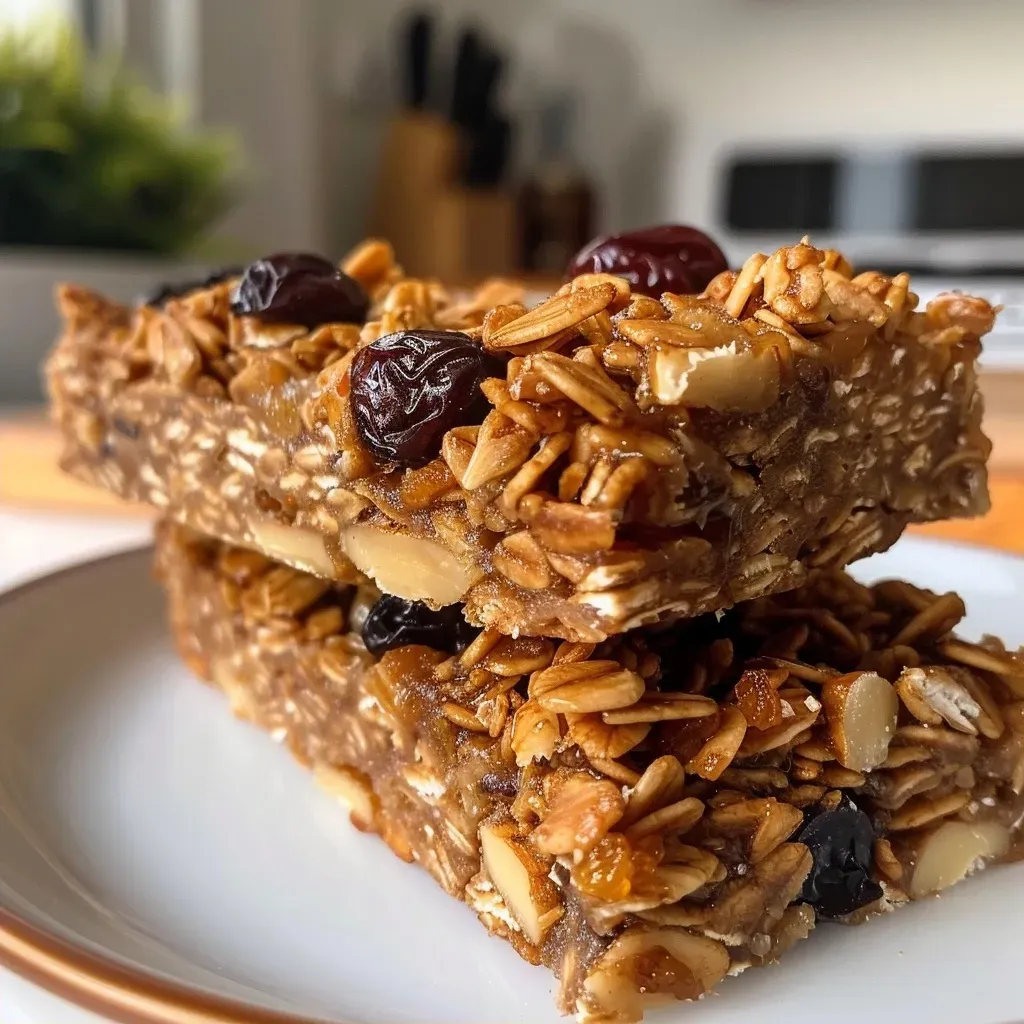 Close-up of Maple Syrup Granola Bars with dried fruit and chocolate chips.