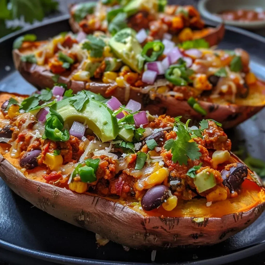 ['Close-up of Mexican Sweet Potato Skins filled with colorful toppings.', 'Side view of crispy sweet potato skins topped with black beans and avocado.', 'Juicy stuffed sweet potato skins featuring vibrant ingredients like corn and salsa.', 'A delicious arrangement of Mexican Sweet Potato Skins with fresh herbs and dairy-free cheese.']