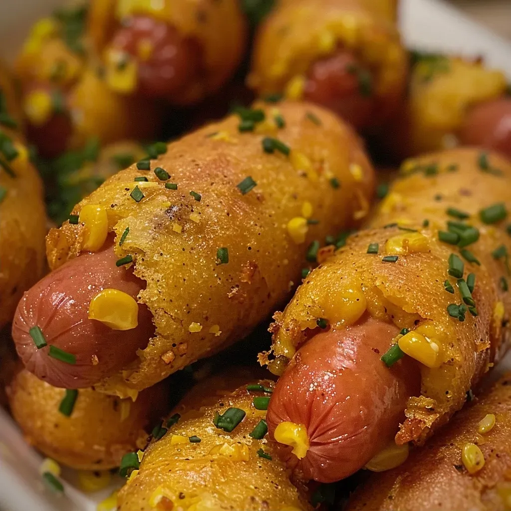 ['Close-up view of golden Mini Corn Dog Bites on a wooden plate.', 'Side view of crispy Mini Corn Dog Bites with a dipping sauce in a small bowl.', 'Juicy Mini Corn Dog Bites arranged on a rustic table setting.', 'Delicious Mini Corn Dog Bites served hot with a side of mustard.']