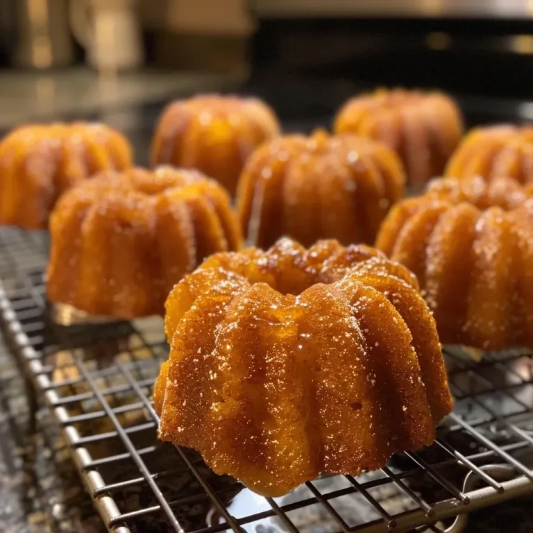 ['Close-up of a Mini Pumpkin Bundt Cake with a moist texture and decorative dusting of powdered sugar.', 'Side view of a Mini Pumpkin Bundt Cake displaying its rich color and intricate bundt shape.', 'Juicy Mini Pumpkin Bundt Cakes arranged on a plate, showcasing their golden-brown crust.', 'Mini Pumpkin Bundt Cake with a smooth surface and light dusting of powdered sugar, viewed from the side.']
