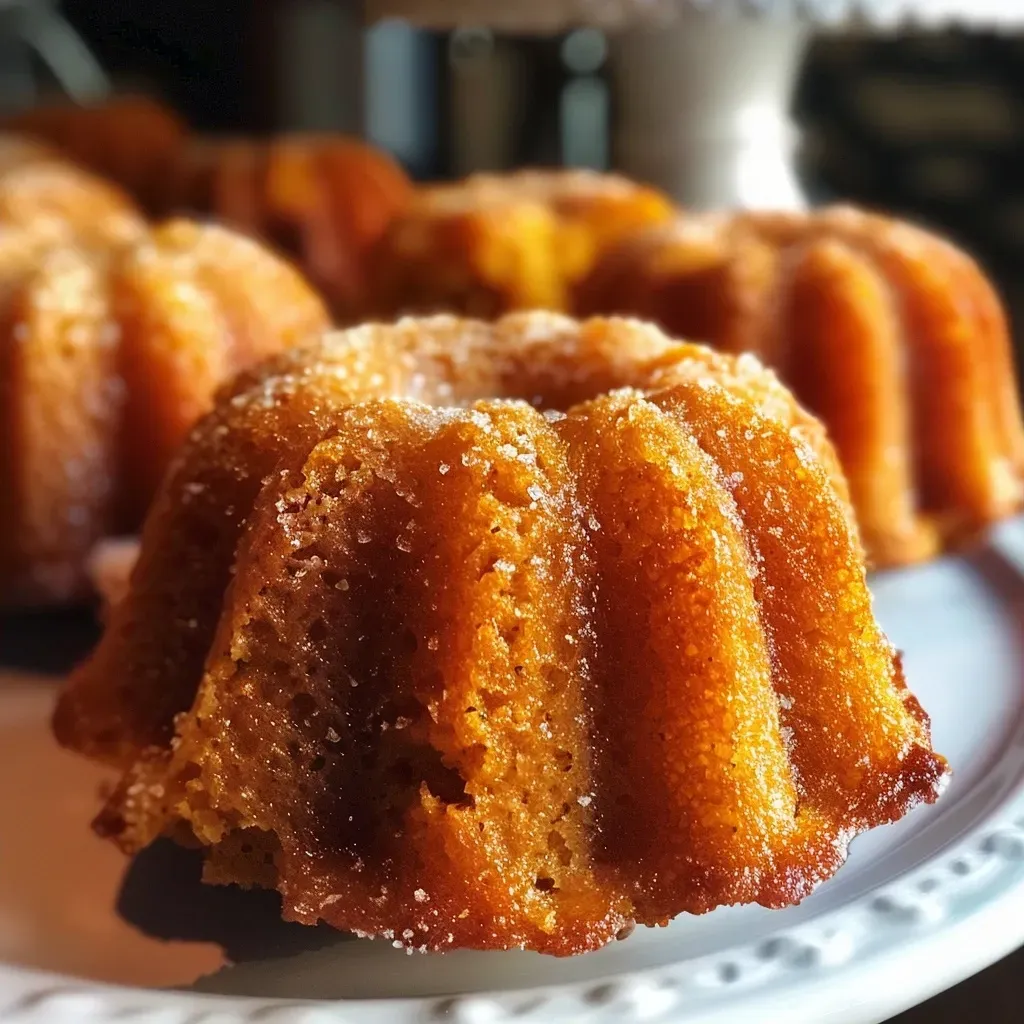 ['Close-up of a Mini Pumpkin Bundt Cake with a moist texture and decorative dusting of powdered sugar.', 'Side view of a Mini Pumpkin Bundt Cake displaying its rich color and intricate bundt shape.', 'Juicy Mini Pumpkin Bundt Cakes arranged on a plate, showcasing their golden-brown crust.', 'Mini Pumpkin Bundt Cake with a smooth surface and light dusting of powdered sugar, viewed from the side.']
