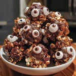 ['A close-up view of dark chocolate popcorn balls, showcasing their texture and candy eyeballs.', 'Side view of Monster Dark Chocolate Popcorn Balls, highlighting the glossy chocolate coating and colorful candy decorations.', 'Juicy dark chocolate popcorn balls displayed with a focus on their ingredients and candy eyeballs for decoration.', 'Close-up image of popcorn balls coated in dark chocolate, scattered with raisins and candy eyeballs.']