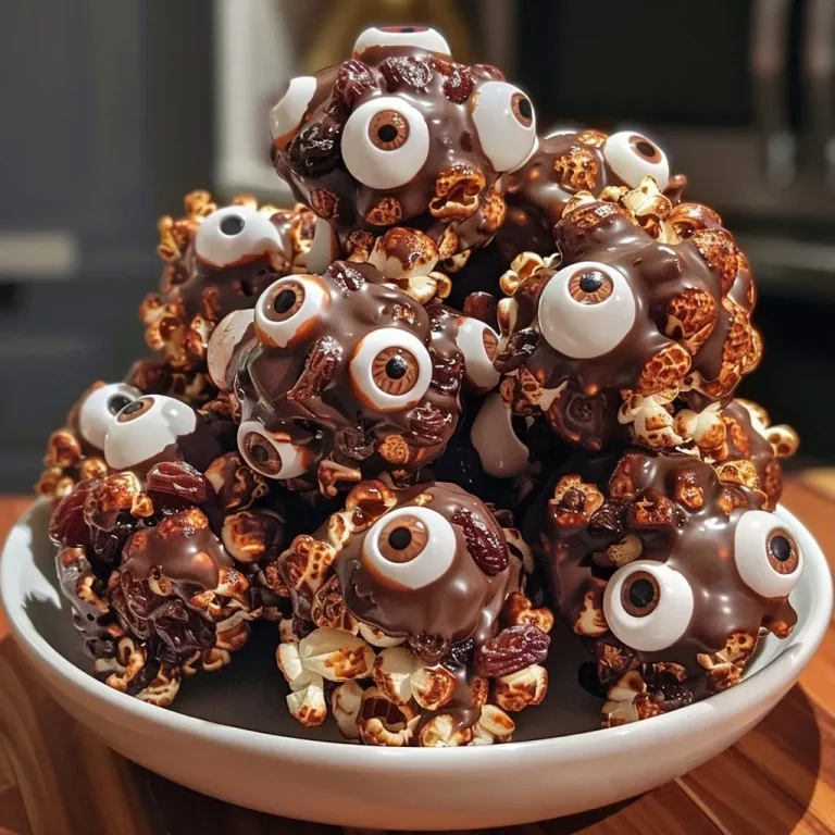 ['A close-up view of dark chocolate popcorn balls, showcasing their texture and candy eyeballs.', 'Side view of Monster Dark Chocolate Popcorn Balls, highlighting the glossy chocolate coating and colorful candy decorations.', 'Juicy dark chocolate popcorn balls displayed with a focus on their ingredients and candy eyeballs for decoration.', 'Close-up image of popcorn balls coated in dark chocolate, scattered with raisins and candy eyeballs.']
