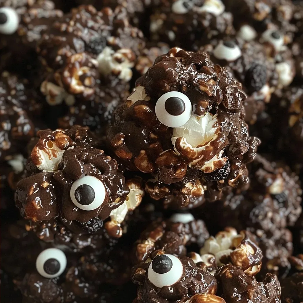 ['A close-up view of dark chocolate popcorn balls, showcasing their texture and candy eyeballs.', 'Side view of Monster Dark Chocolate Popcorn Balls, highlighting the glossy chocolate coating and colorful candy decorations.', 'Juicy dark chocolate popcorn balls displayed with a focus on their ingredients and candy eyeballs for decoration.', 'Close-up image of popcorn balls coated in dark chocolate, scattered with raisins and candy eyeballs.']