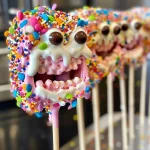 ['Colorful Monster Marshmallow Pops on a stick decorated with icing and sprinkles.', 'A close-up view of vibrant Monster Marshmallow Pops adorned with edible decorations.', 'Juicy Monster Marshmallow Pops featuring colorful candy melts and playful sprinkles.', 'Side view of Monster Marshmallow Pops showcasing their bright colors and creative toppings.']