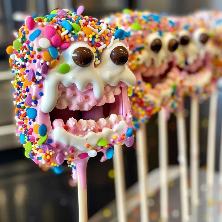 ['Colorful Monster Marshmallow Pops on a stick decorated with icing and sprinkles.', 'A close-up view of vibrant Monster Marshmallow Pops adorned with edible decorations.', 'Juicy Monster Marshmallow Pops featuring colorful candy melts and playful sprinkles.', 'Side view of Monster Marshmallow Pops showcasing their bright colors and creative toppings.']