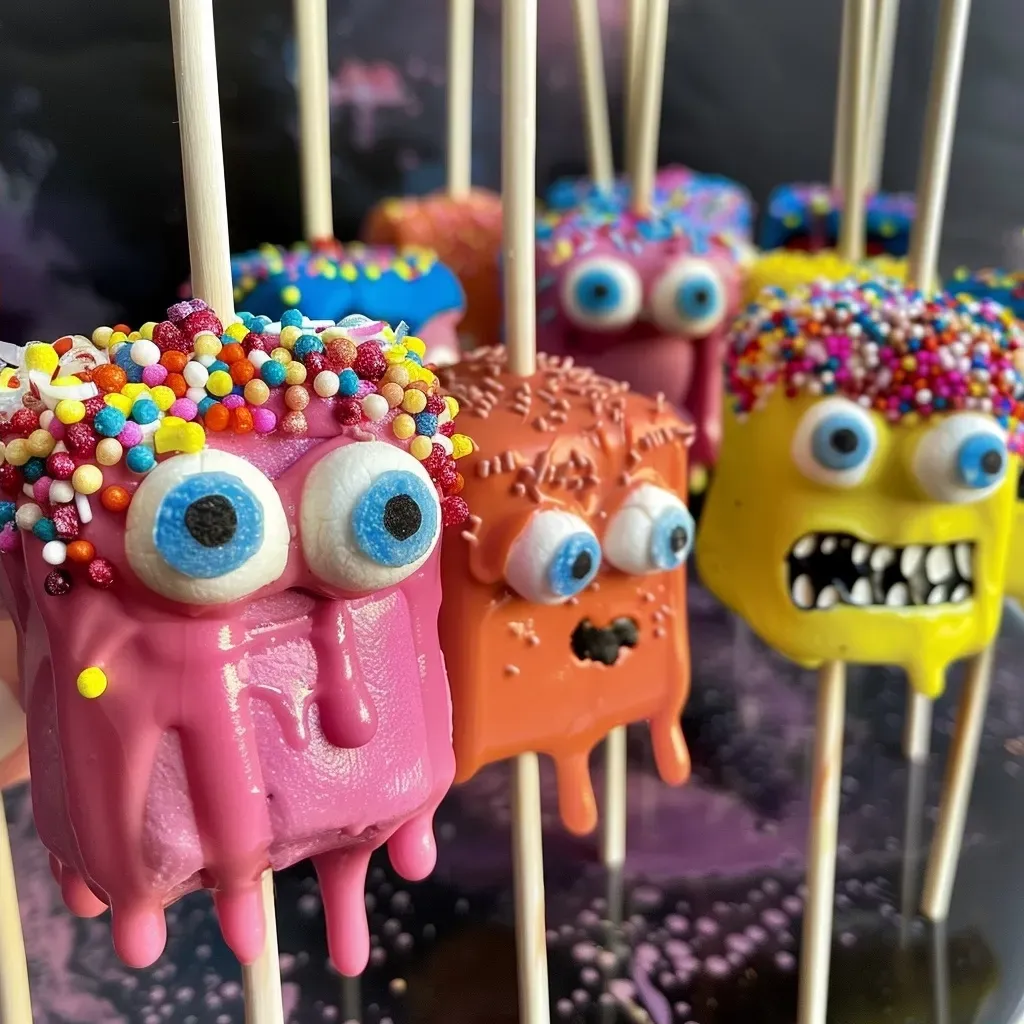 ['Colorful Monster Marshmallow Pops on a stick decorated with icing and sprinkles.', 'A close-up view of vibrant Monster Marshmallow Pops adorned with edible decorations.', 'Juicy Monster Marshmallow Pops featuring colorful candy melts and playful sprinkles.', 'Side view of Monster Marshmallow Pops showcasing their bright colors and creative toppings.']