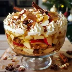 ['Close-up view of a delicious mulled cider trifle with layers of sponge, fruit, and cream.', 'Side view of a richly layered mulled cider trifle showcasing apples, spices, and cream.', 'Detailed shot of a mulled cider trifle featuring sponge fingers, gelatine, and decorative cream.', 'A vibrant mulled cider trifle with visible apple wedges and creamy topping in a glass dish.']