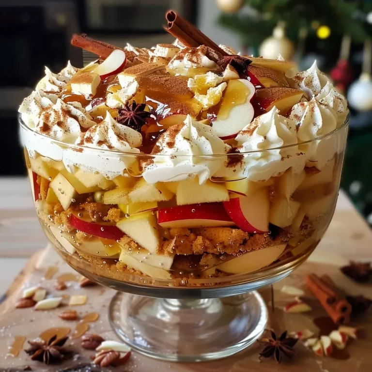 ['Close-up view of a delicious mulled cider trifle with layers of sponge, fruit, and cream.', 'Side view of a richly layered mulled cider trifle showcasing apples, spices, and cream.', 'Detailed shot of a mulled cider trifle featuring sponge fingers, gelatine, and decorative cream.', 'A vibrant mulled cider trifle with visible apple wedges and creamy topping in a glass dish.']