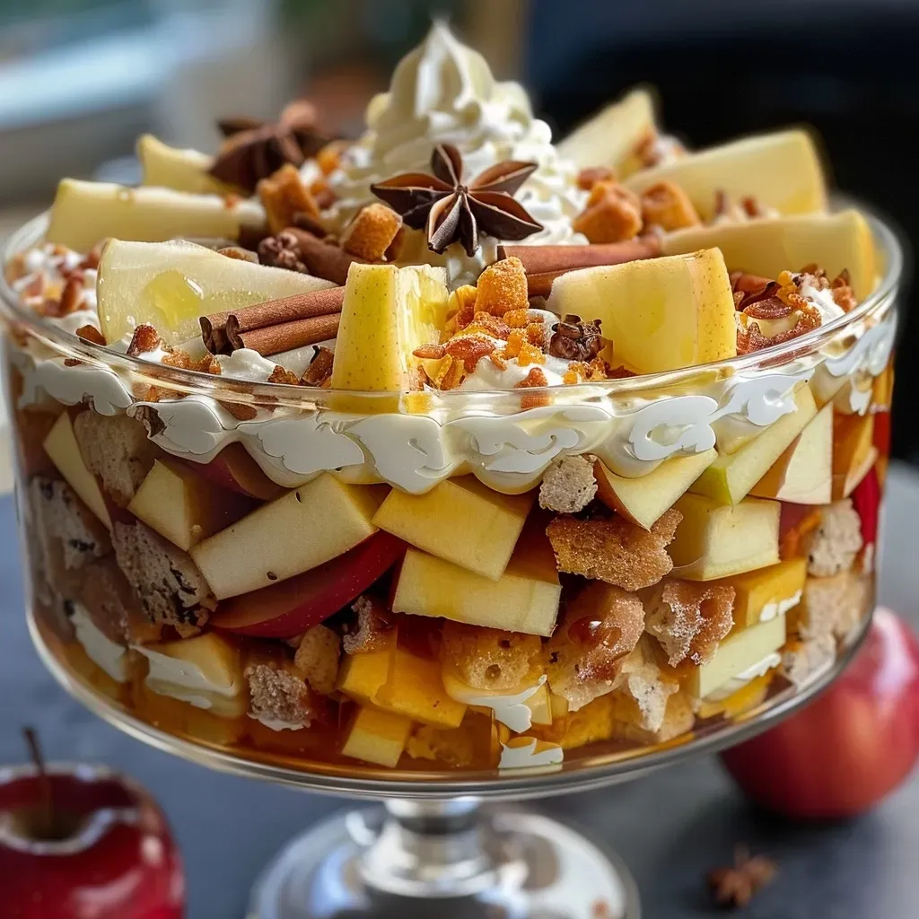 ['Close-up view of a delicious mulled cider trifle with layers of sponge, fruit, and cream.', 'Side view of a richly layered mulled cider trifle showcasing apples, spices, and cream.', 'Detailed shot of a mulled cider trifle featuring sponge fingers, gelatine, and decorative cream.', 'A vibrant mulled cider trifle with visible apple wedges and creamy topping in a glass dish.']