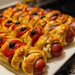 ['Close-up of Mummy Dogs wrapped in crescent roll dough, with visible hot dogs and eyeball sprinkles.', 'Juicy Mummy Dogs on a plate, featuring crescent rolls and decorative eyeball toppings.', 'Side view of Mummy Dogs showing the cooked crescent dough and topped with colorful eyeball sprinkles.', 'Delicious Mummy Dogs arranged artfully, highlighting the flaky texture and spooky decorations.']