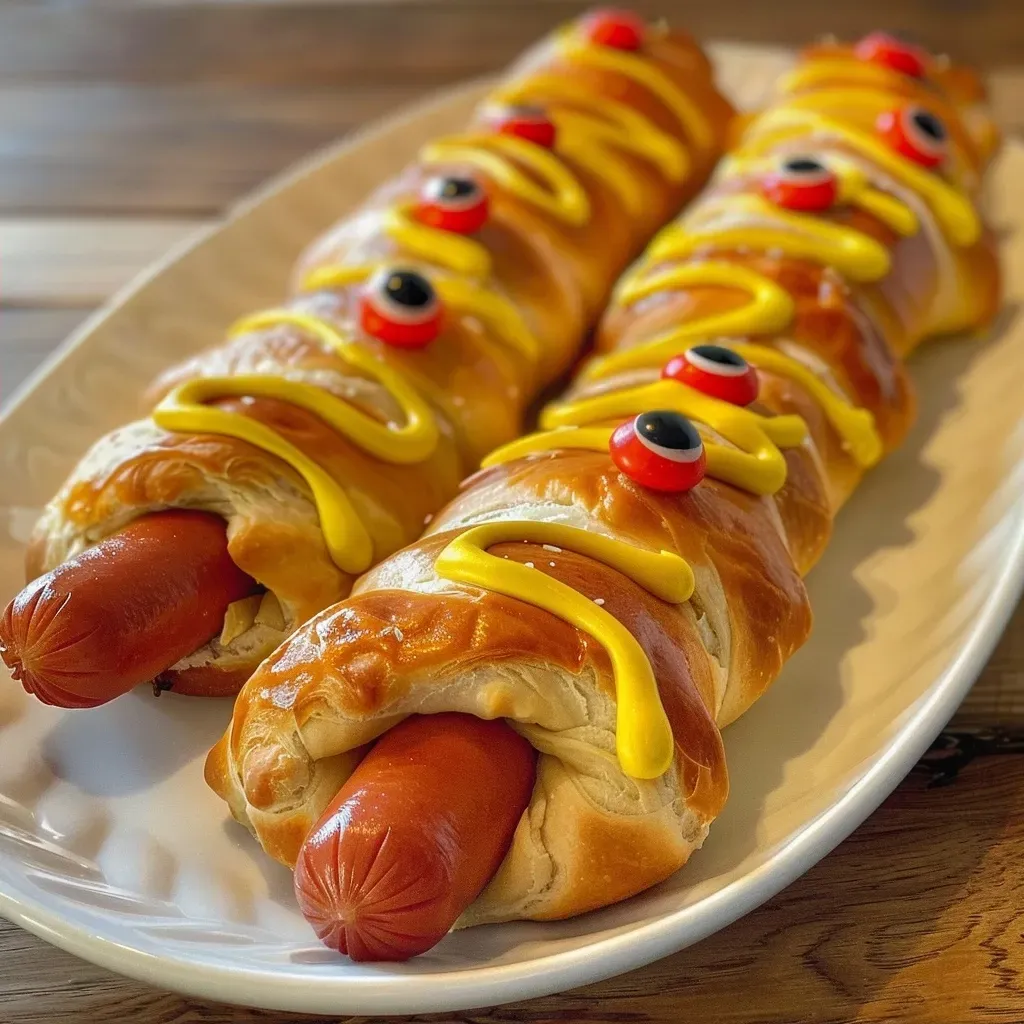 ['Close-up of Mummy Dogs wrapped in crescent roll dough, with visible hot dogs and eyeball sprinkles.', 'Juicy Mummy Dogs on a plate, featuring crescent rolls and decorative eyeball toppings.', 'Side view of Mummy Dogs showing the cooked crescent dough and topped with colorful eyeball sprinkles.', 'Delicious Mummy Dogs arranged artfully, highlighting the flaky texture and spooky decorations.']