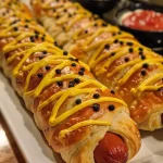 ['Close-up of Mummy Hot Dogs wrapped in crescent roll dough with mustard eyes.', 'Juicy Mummy Hot Dogs on a plate, featuring black sesame seeds for eyes.', 'Side view of Mummy Hot Dogs with a golden brown crust, served with dipping sauces.', 'Deliciously wrapped Mummy Hot Dogs with ketchup and mustard in the background.']