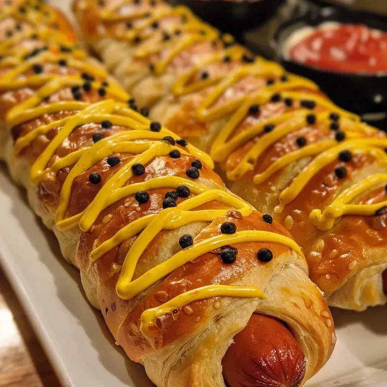 ['Close-up of Mummy Hot Dogs wrapped in crescent roll dough with mustard eyes.', 'Juicy Mummy Hot Dogs on a plate, featuring black sesame seeds for eyes.', 'Side view of Mummy Hot Dogs with a golden brown crust, served with dipping sauces.', 'Deliciously wrapped Mummy Hot Dogs with ketchup and mustard in the background.']
