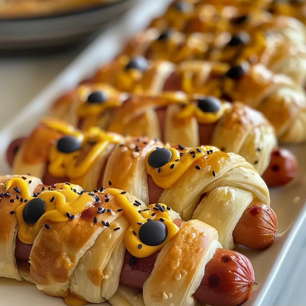 ['Close-up of Mummy Hot Dogs wrapped in crescent roll dough with mustard eyes.', 'Juicy Mummy Hot Dogs on a plate, featuring black sesame seeds for eyes.', 'Side view of Mummy Hot Dogs with a golden brown crust, served with dipping sauces.', 'Deliciously wrapped Mummy Hot Dogs with ketchup and mustard in the background.']