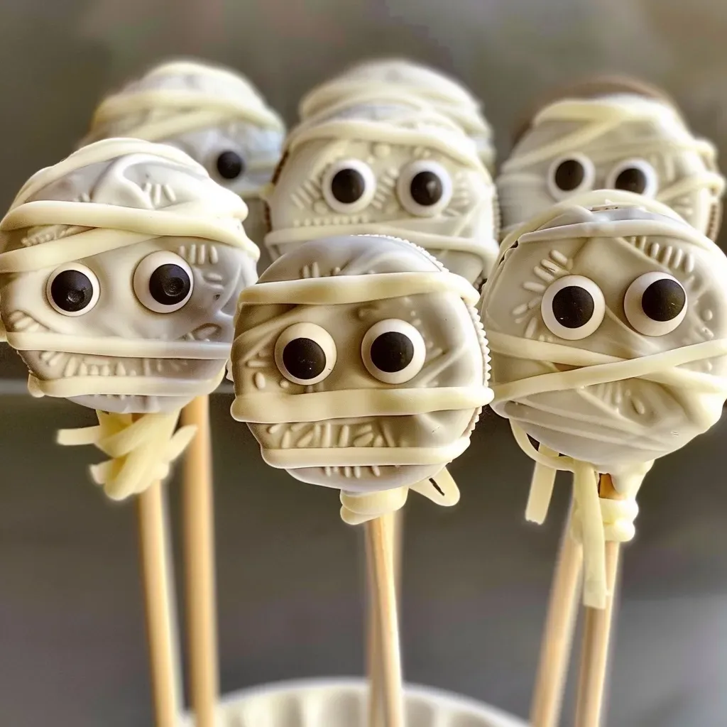 ['Close-up view of Mummy Oreo Pops on a white background, featuring chocolate cookies with white candy coating and candy eyeballs.', 'Mummy Oreo Pops displayed creatively, showcasing lollipop sticks and a detailed view of the white chocolate-covered Oreos with eyes.', 'A side view of Mummy Oreo Pops, decorated like mummies with white candy melts and cartoon-like eyes.', 'Deliciously crafted Mummy Oreo Pops featuring Oreo cookies, lollipop sticks, and expressive candy eyeballs.']