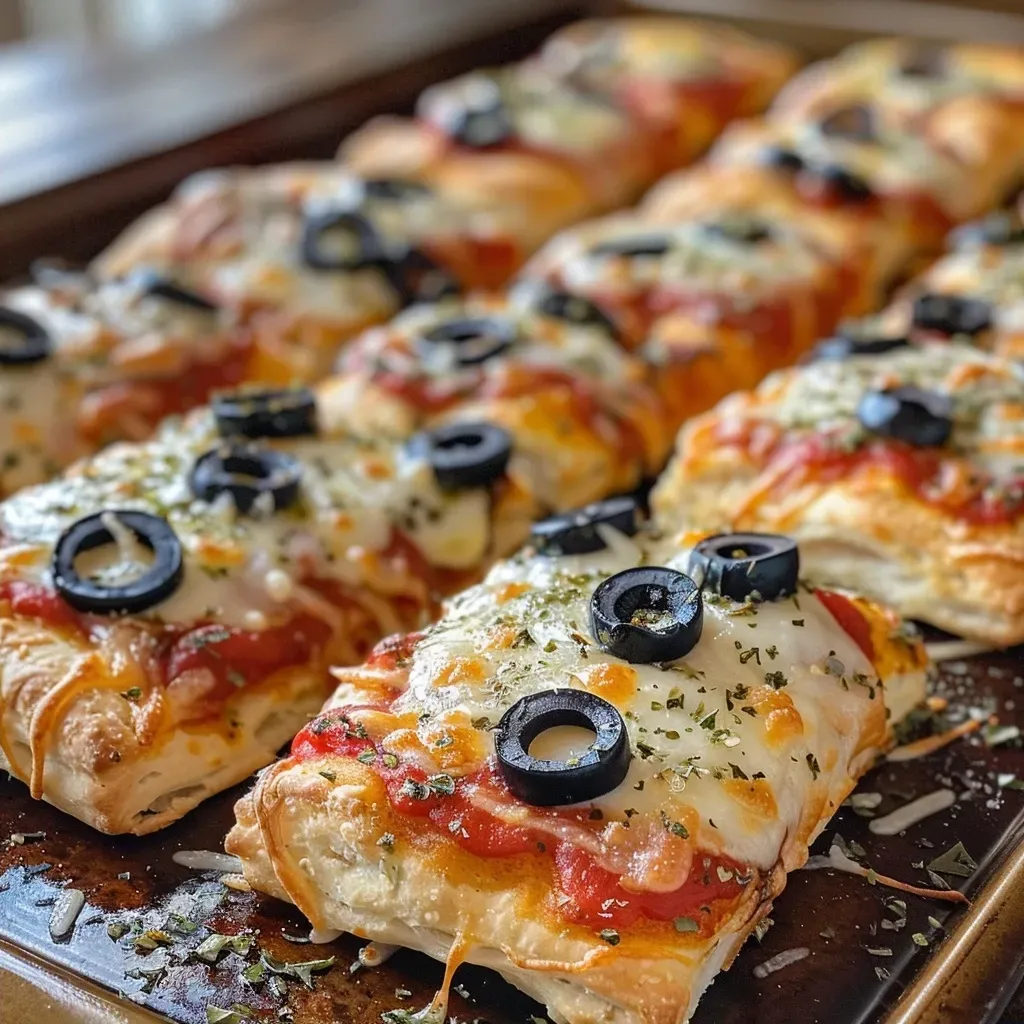 ['Close-up of Mummy Pizzas topped with olives and mozzarella, placed on a wooden surface.', 'Side view of delicious Mummy Pizzas, featuring spooky olive eyes, ready to be served.', 'Juicy Mummy Pizzas with melted cheese and black olives, captured with a smartphone.', 'A plate of Mummy Pizzas, showcasing their golden crust and intricate edible designs.']