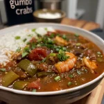 ['Close-up view of a steaming bowl of New Orleans gumbo with colorful ingredients visible.', 'Side view of a delicious serving of gumbo featuring a mix of seafood and vegetables.', 'Bowl of gumbo showcasing chunks of shrimp, crabs, and vegetables, garnished with parsley.', 'Vibrant gumbo dish with a rich gravy and various toppings, captured in detail.']