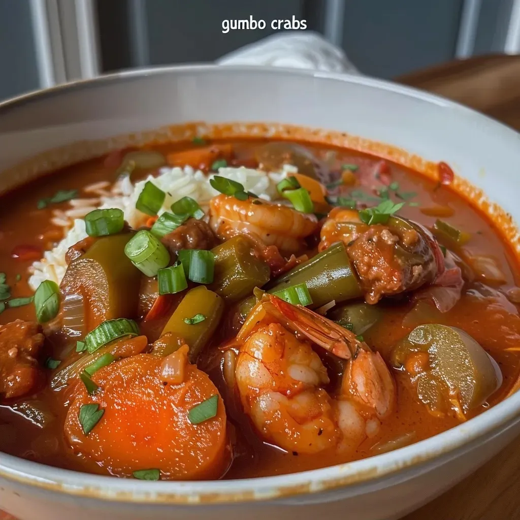 ['Close-up view of a steaming bowl of New Orleans gumbo with colorful ingredients visible.', 'Side view of a delicious serving of gumbo featuring a mix of seafood and vegetables.', 'Bowl of gumbo showcasing chunks of shrimp, crabs, and vegetables, garnished with parsley.', 'Vibrant gumbo dish with a rich gravy and various toppings, captured in detail.']