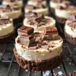 ['Side view of mini no-bake cheesecakes topped with Vegan Kit Kats.', 'Close-up of several mini cheesecakes garnished with chocolate and Kit Kat pieces.', 'Delicious layered no-bake cheesecakes with a smooth texture and chocolate decorations.', 'Miniature cheesecakes with a rich chocolate layer and chopped Vegan Kit Kats.']