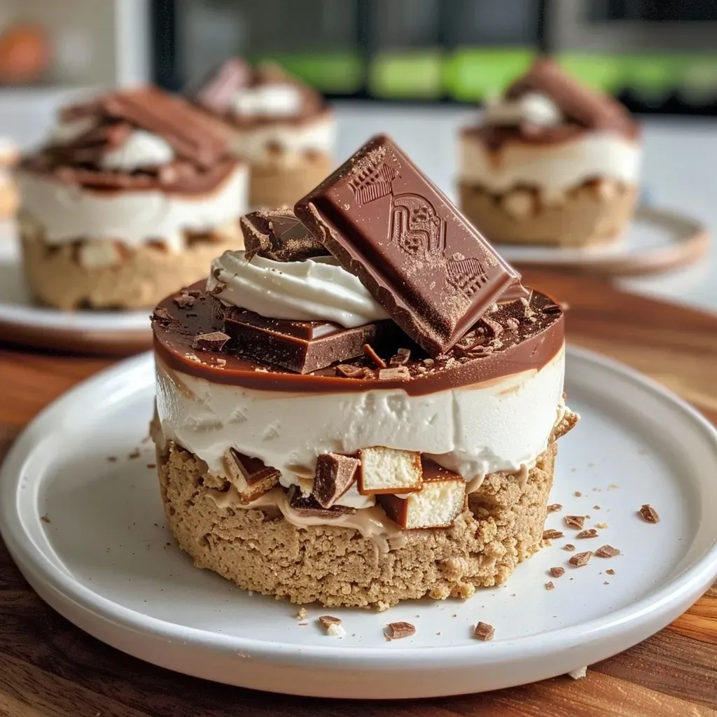 ['Side view of mini no-bake cheesecakes topped with Vegan Kit Kats.', 'Close-up of several mini cheesecakes garnished with chocolate and Kit Kat pieces.', 'Delicious layered no-bake cheesecakes with a smooth texture and chocolate decorations.', 'Miniature cheesecakes with a rich chocolate layer and chopped Vegan Kit Kats.']