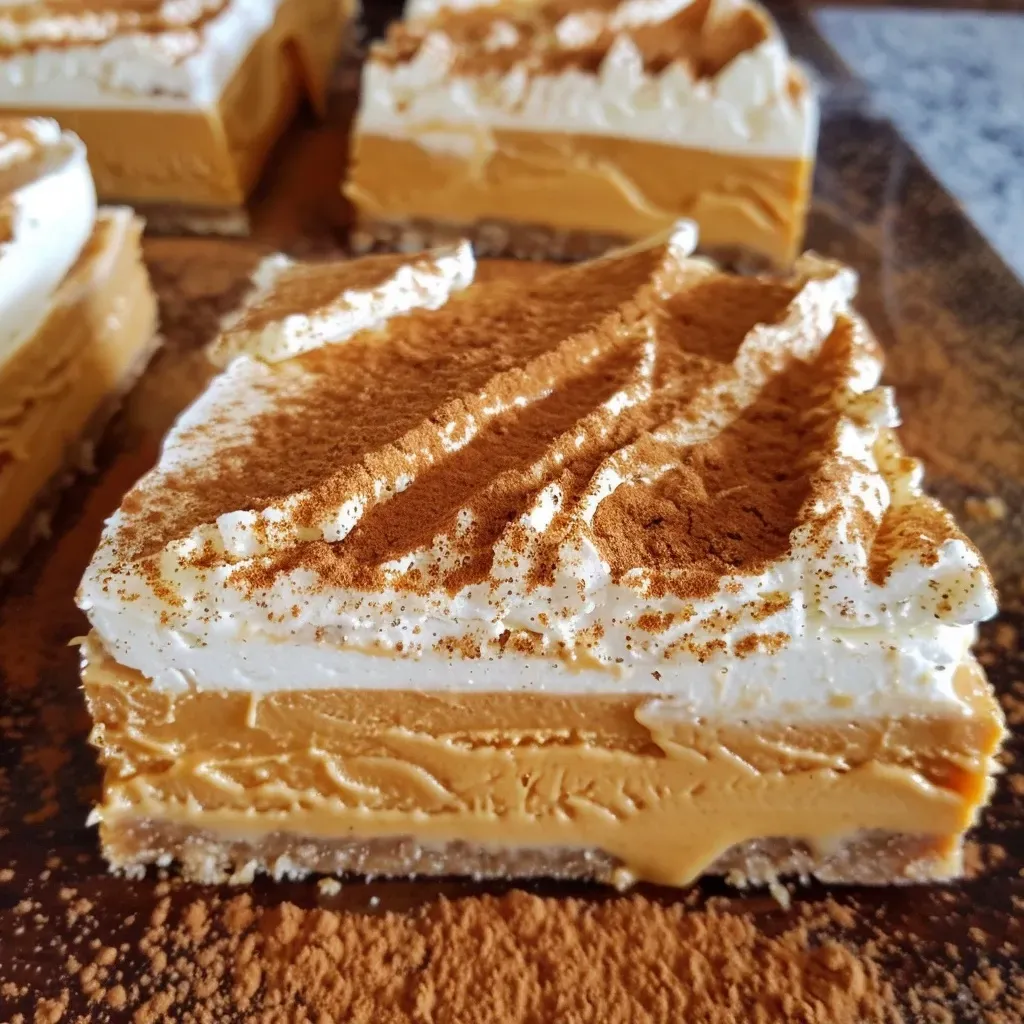 ['Close-up of creamy No-Bake Pumpkin Cheesecake Bars with a golden crust and whipped topping.', 'Side view of delicious No-Bake Pumpkin Cheesecake Bars showcasing layers and toppings.', 'A slice of No-Bake Pumpkin Cheesecake Bars adorned with whipped cream and spices.', 'Appetizing No-Bake Pumpkin Cheesecake Bars featuring a crust and smooth pumpkin filling.']