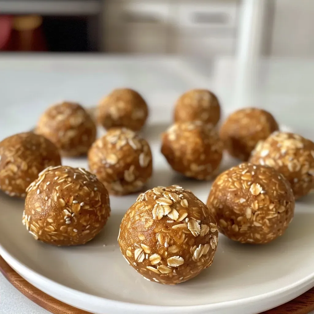 ['A close-up view of No Bake Pumpkin Spice Energy Bites arranged on a plate.', 'Side view of a cluster of No Bake Pumpkin Spice Energy Bites with a sprinkle of pumpkin pie spice.', 'Juicy and delicious No Bake Pumpkin Spice Energy Bites displayed in a rustic setting.', 'A vibrant plate of No Bake Pumpkin Spice Energy Bites, showcasing their texture and ingredients.']