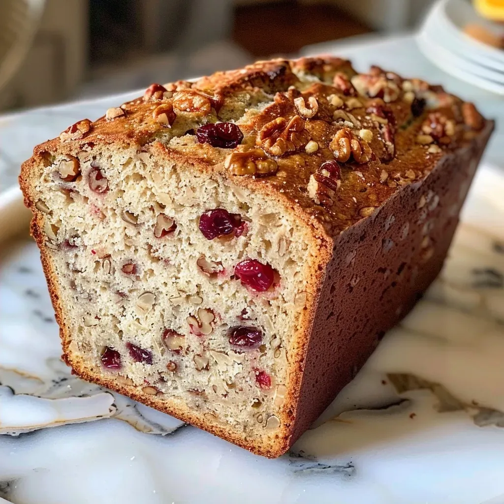 ['Close-up of a slice of No-Knead Cranberry Walnut Bread showing cranberries and walnuts.', 'Side view of freshly baked Cranberry Walnut Bread with a golden crust and visible dried fruit.', 'Juicy No-Knead Cranberry Walnut Bread on a wooden board with a textured crust.', 'Detailed shot of Cranberry Walnut Bread capturing the vibrant cranberries and nut pieces.']