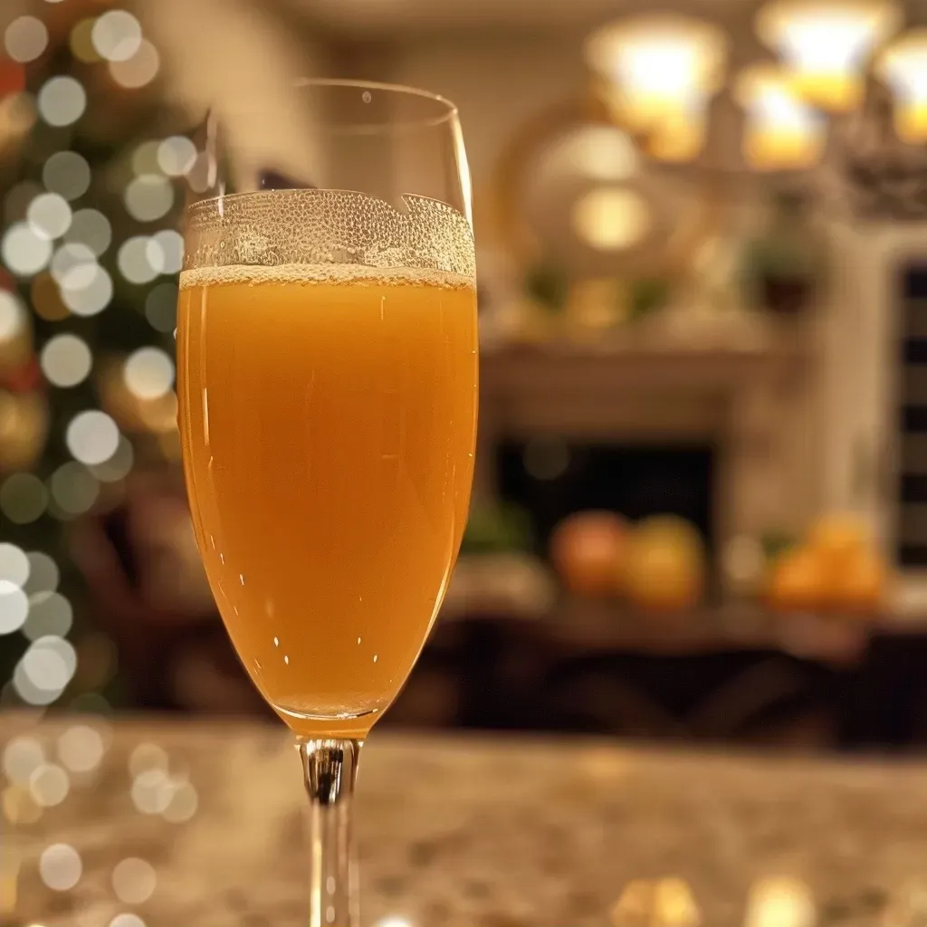 ['Close-up of a vibrant Non Alcoholic Apple Cider Mimosa in a glass.', 'Side view of a glass filled with sparkling apple cider mimosa with orange juice.', 'Refreshing Non Alcoholic Apple Cider Mimosa garnished elegantly.', 'Juicy apple cider mimosa with a bubbly texture in a clear glass.']
