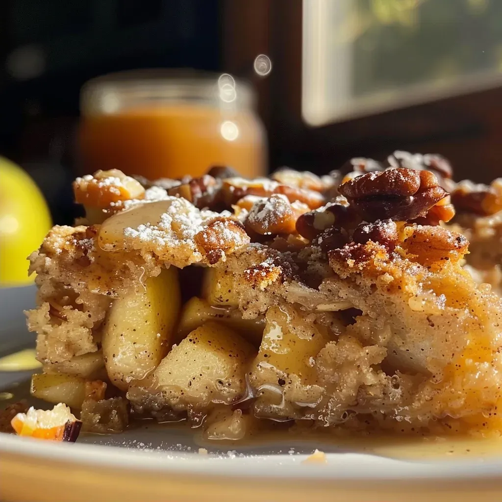 ['Close-up view of a golden-brown Oatmeal Apple Breakfast Bake with visible apple chunks and a nutty topping.', 'Side angle of a freshly baked Oatmeal Apple Breakfast Bake, showcasing its texture and ingredients like apples and oats.', 'Juicy Oatmeal Apple Breakfast Bake with a glaze, highlighting the moistness and rich color of the dish.', 'Detail of a slice of Oatmeal Apple Breakfast Bake, featuring apples, oats, and a sprinkle of pecans on top.']